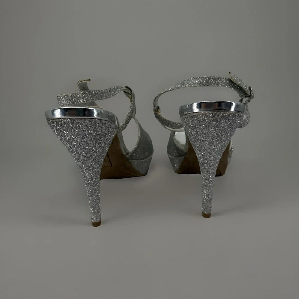 FIONI Night Size 8  Silver Glittery Open Peep‎ Toe Platform Sandals 5